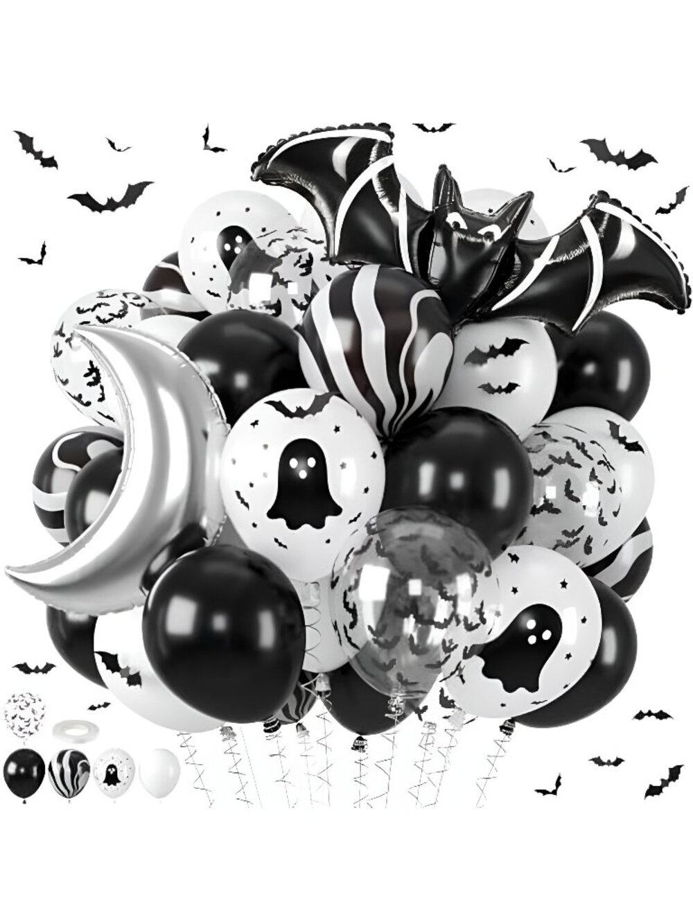 Halloween Balloons, Ghost Marble Printed Balloon with Silver Moon Winged Bat